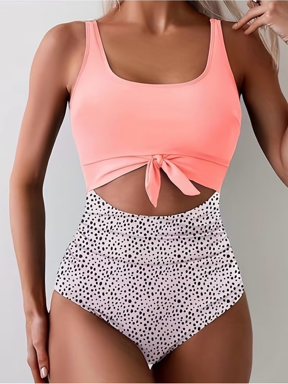 Women's Coral Tie-Front Tank Swim Top and High-Waist Dotted Bottom Set